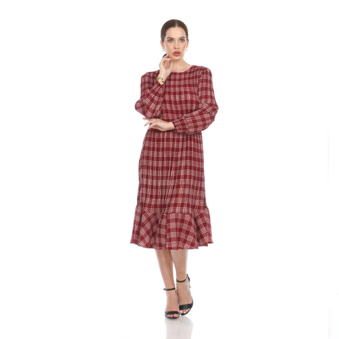 Long Sleeve Print Dress - DR1161 Wine